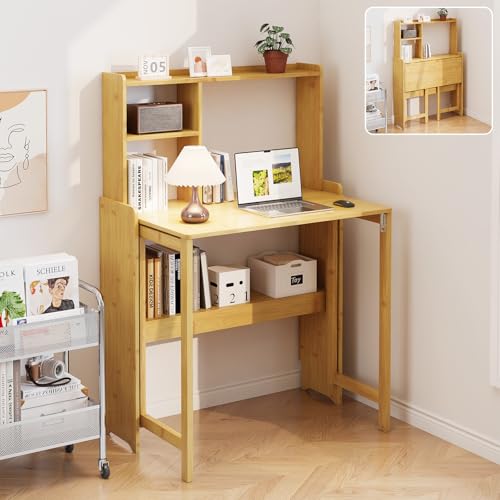 Amazon.co.jp: 折りたたみデスク 本棚付き 竹製 折りたたみテーブル