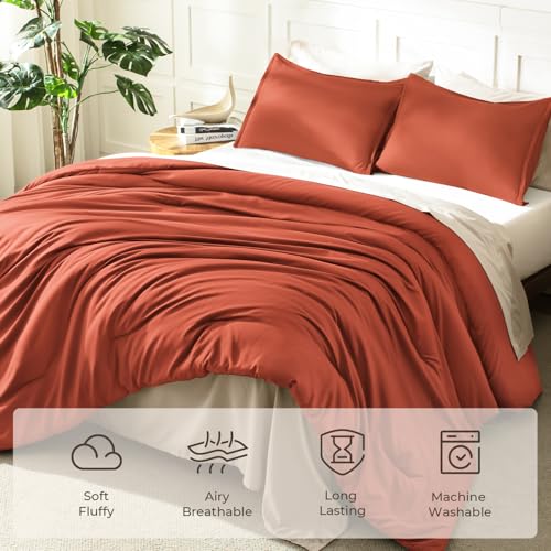 Image of Litanika Comforter King Size Bed Set Burnt Orange, 3 Pieces Terracotta Boho Lightweight Fluffy Solid Bedding Comforter Set, Rust All Season (104x90In Comforter & 2 Pillowcases)