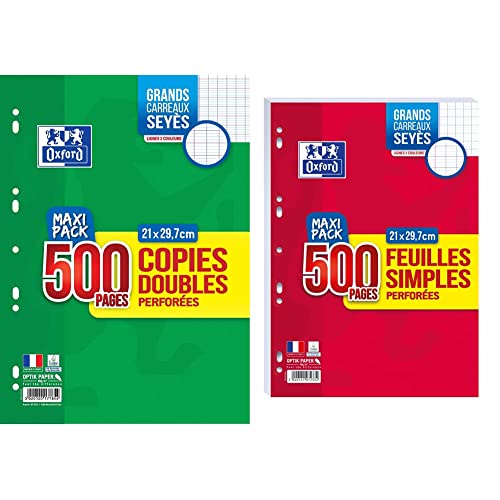 Oxford Copies Doubles Lot 500 Pages A4 Perforées 90g Grands Carreaux Seyes & Feuilles Simples A4 Grands Carreaux Seyès 500 Pages