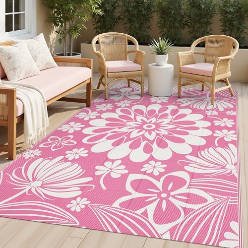 Ileading Outdoor Patio Rug Pink Floral Reversible Outdoor Rug Waterproof Plastic Straw Mat Portable Outside Deck Area Rug Camping RV Carpet for Porch Balcony (58 ft)