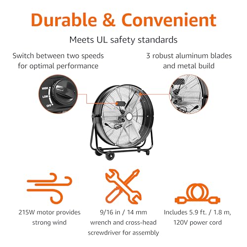 Amazon Basics 24" 215W High-Velocity, Heavy-Duty Industrial Fan, Drum Fan, with UL-Certified Safety Compliance, 2 Speeds, Up to 8820 CFM, 5.9-ft Power Cord, 2 Wheels, Metal Housing/Blades, Black by Amazon Basics - Image 2