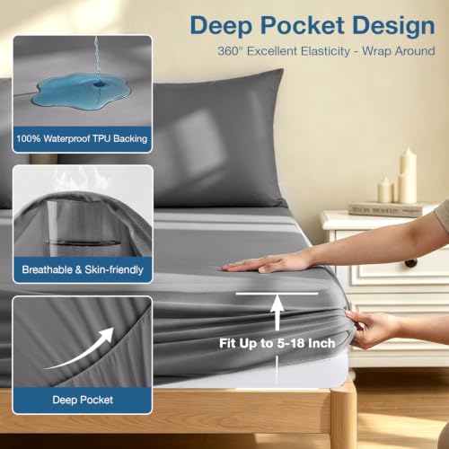 Image of Safe and Sound Mattress Protector, Premium 100% Waterproof Mattress Cover, Noiseless Breathable Soft, Fitted Deep Pocket 8-21'' Bed Cover Gray Twin 2PACK