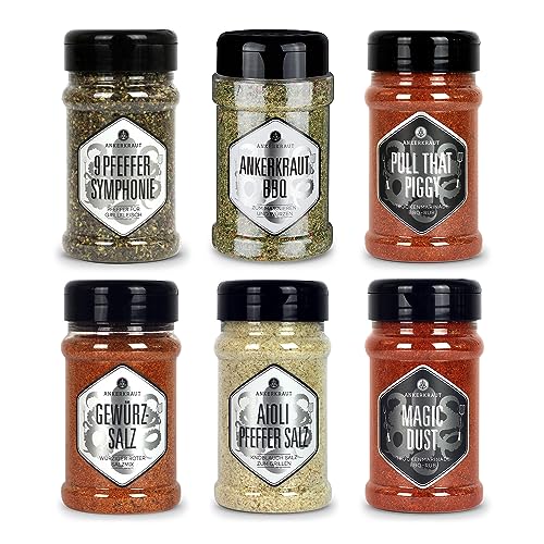 Ankerkraut Grill Set mit 6 Streuern mit Premium-Gewürzmischungen und BBQ-Rubs Geschenk-Set mit Salz und Pfeffer Gewürze für Männer Fraue & Div.
