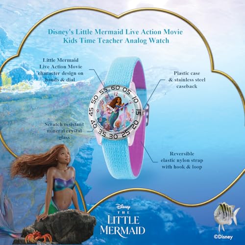 Disney Little Mermaid Watch for Girls Ages 4–7 Featuring Ariel Princess Gift for Kids Learning to Tell Time – Character Dial, Clear Bezel with Black Numbers, Blue Nylon Strap with Velcro2