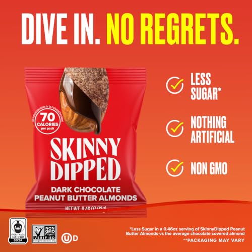 Image of SkinnyDipped Dark Chocolate Peanut Butter Almonds, Healthy Snack, Plant Protein, Gluten Free, 0.46 oz Mini Bags, Pack of 24 | Crunchy Whole Almonds Thinly Dipped in Chocolate | Gluten Free | Plant Protein Snack Packs