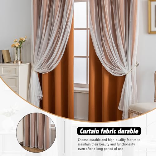 Image of Anytime Double Layer Blackout Curtains 2 Panels,52Wx95L,Orange | Sheer And Fabric Window Drapes Grommet Top Solid Color Bedroom Living Room Home Decor