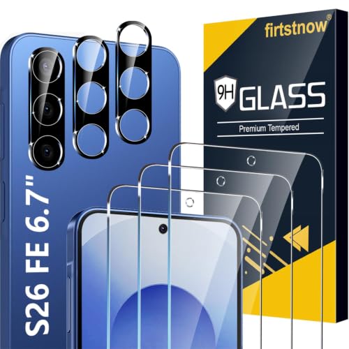 Image of firtstnow 3 Pack for Samsung Galaxy S26 FE Screen Protector Tempered Glass + 3 Pack Camera Lens Protector, Military Grade Shatterproof, 9H Hardness, Fingerprint Unlock, Case Friendly 6.7 Inch
