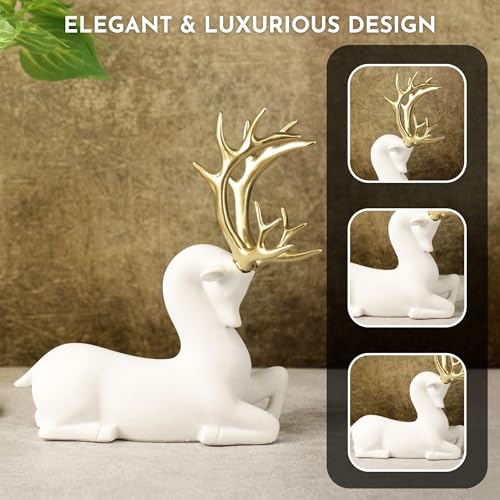 Image of ARMONIA Premium White Reindeer Figurine with Golden Antlers, Home Decor, Lightweight and Durable | Resin Golden & White Reindeer Sculptures | Energy of Your Room Figurine for Home Decor Gift,Christmas