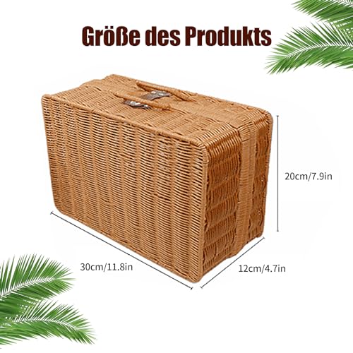Aufbewahrungskorb mit Deckel und Griffen, Geflochtenem Rattan Aufbewahrungsbox, Vintage Gewebt Weidenkorb, Rechteckig Regalkörbe, Multifunktionaler Weidenkoffer für Picknick, Camping, Hochzeit (L)