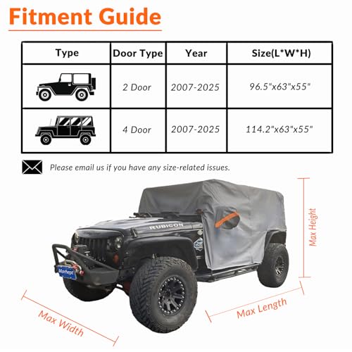 Image of Waterproof Cab Cover for Jeep Wrangler JK JL 2 Door | Zipper access, windproof design, soft cotton lining, all-weather protection against rain, snow, UV rays and dust