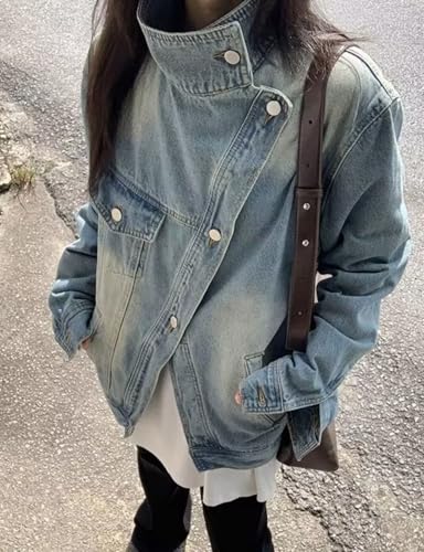 Kwoki Women's Casual Denim Jacket Cross Button Front Long Sleeve Stand Collar Jean Coat with Pockets2