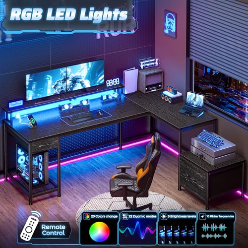Image of DurayLoly 63 inch Reversible L Shaped Desk with Power Outlets &Led,Bedroom | Large Computer Desk with Monitor Stand,2 Fabric Drawer and Storage Shelves,Corner Desk,Gaming, Work, Home Office