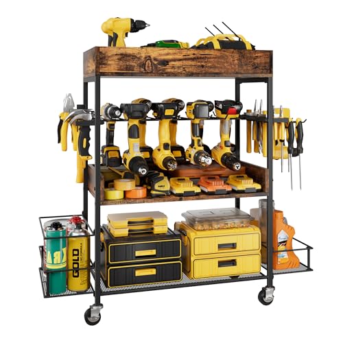 Dunatou 4 Tier Rolling Tool Cart for Garage Power Tool Organizer with Drill Rack Hooks & Shelves Garage Storage Organizer for Men or Dad Tool Chest on Wheels Workshop Storage (Rustic Brown)