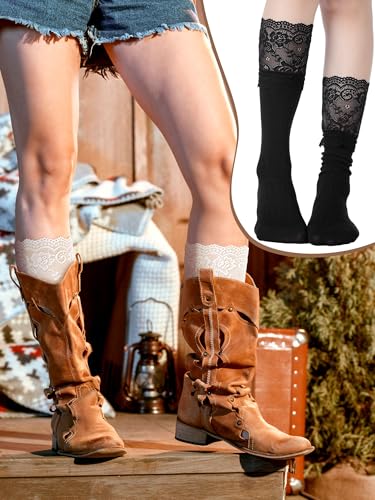 Image of Fourluoo 4 Pairs Women's Lace Socks Calf Stocking with Lace Trim Long Knee High Stockings Lolita Boot Socks