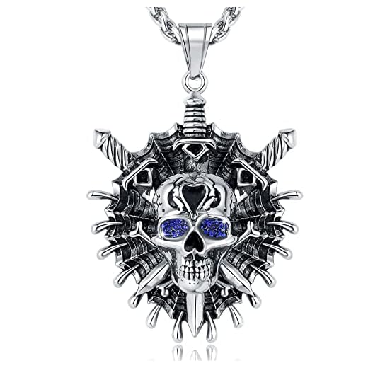 YAMI Skull Necklace Viking Pirate Pendant Titanium Steel, God of War Sword Dagger Skeleton Axe, Norse Cool Goth Halloween Large Chunky Grunge Retro Jewelry Gifts for Men/Women, Silver-Tone