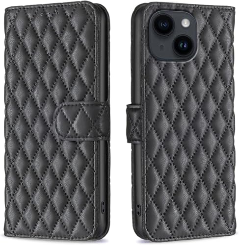 Image of ClickCase for iPhone 15 Plus Puffer Bubbly Soft Faux Leather Back Case Magnetic Wallet Flip Cover for iPhone 15 Plus (Black)