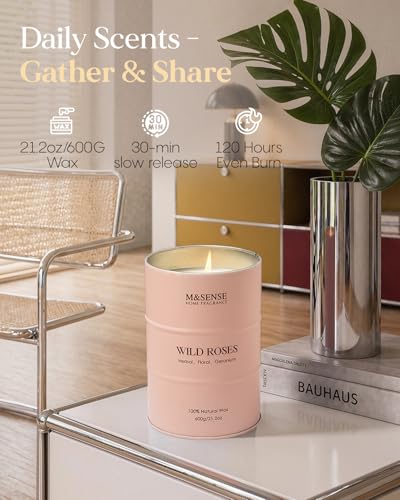 Image of M&SENSE Wild Rose Large Natural Scented Candle, 120 Hours Long Lasting Soy Candles 21.2oz, Stress Relief Luxury Aromatherapy Candles for Women, Romantic Candle Valentines Day Gifts