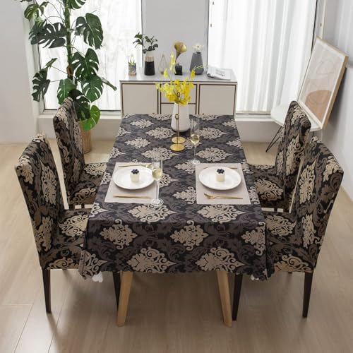 Image of Styleys Dining Chair Cover with Table Covers for Kitchen Waterproof Dining Table Cloth (1 Table Cover + 4 Chair Cover, Royal Black /Gold, CTSLMC123)