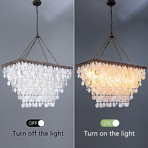 Wellmet 9 Lights Capiz Shell Chandelier, Dining Room Coastal Light Fixture, Modern Rectangle Seashell Ceiling Hanging Light for Kitchen, Living Room, Bronze Finish, L-32 inches - Image 4