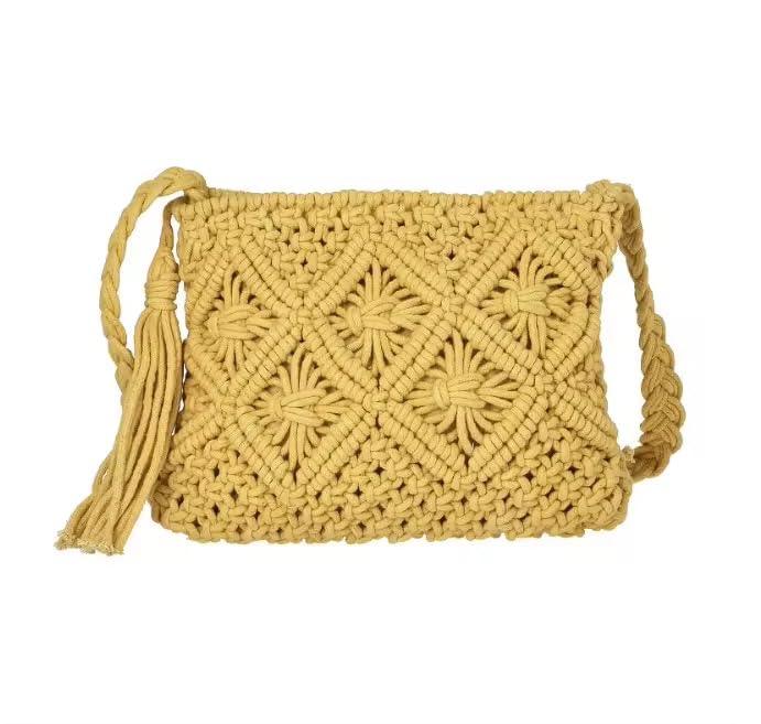 r.r.lala Women Macrame Shoulder Bag, Knitting Handmade bag, Simple Hollow Beach Bag,White - Size: Width 25 cm x Length 20 cm Yellow Color-picture-22