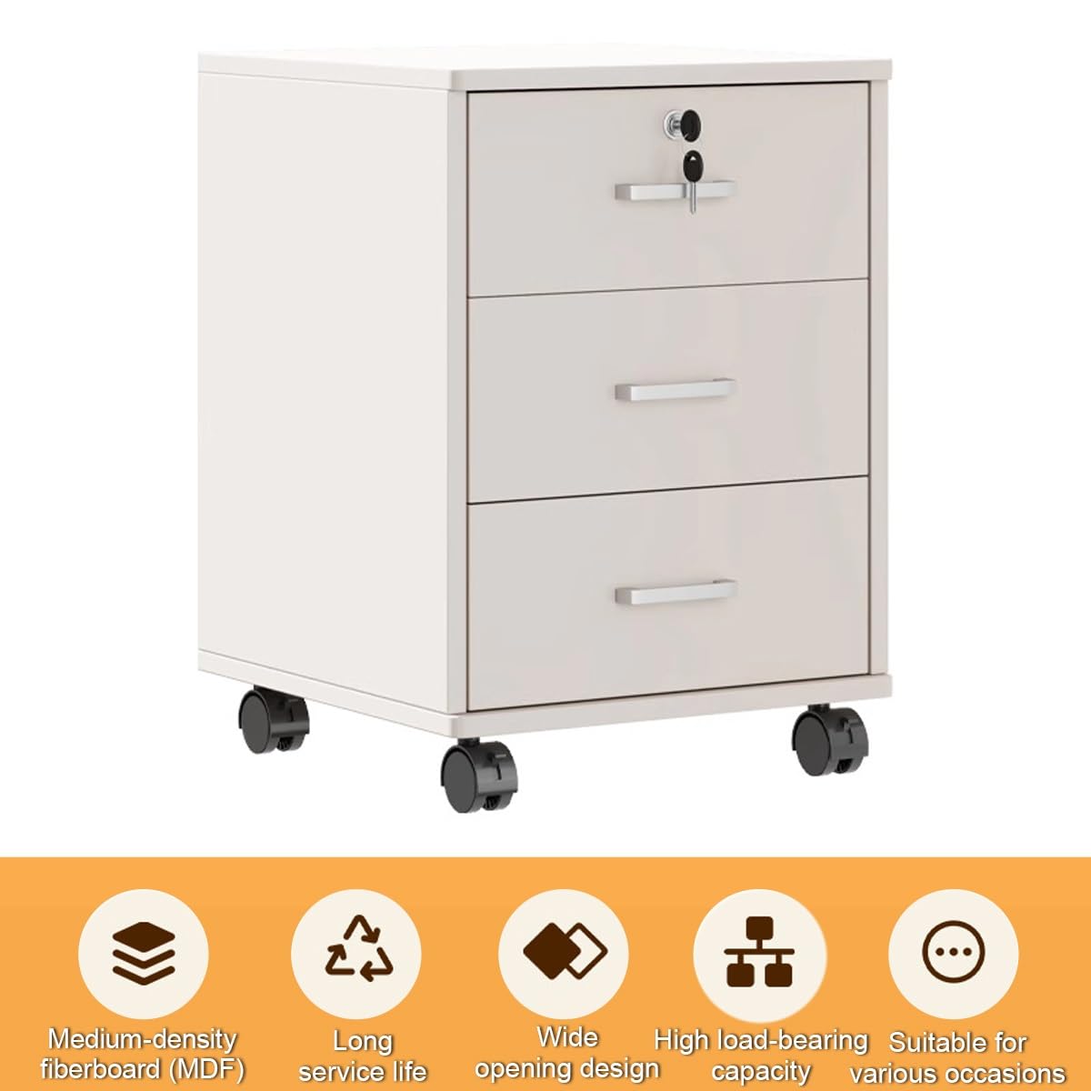 Archivador de madera con cerradura con 3 cajones sobre ruedas, almacenamiento debajo del escritorio para documentos y suministros de oficina, elegante diseño blanco