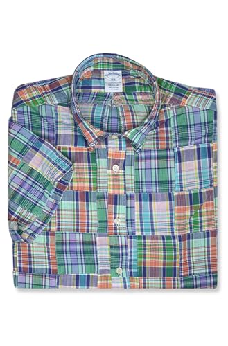 Brooks Brothers Men's Madras Cotton Patchwork Plaid Short Sleeve Shirt,