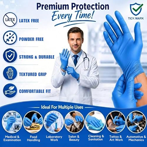 Image of Blue Nitrile Examination Gloves, Powder-Free, Latex-Free, Disposable Medical Gloves, Medium Size, 50 Count | Ideal for Medical, Food Handling, Laboratory, Salon & Cleaning