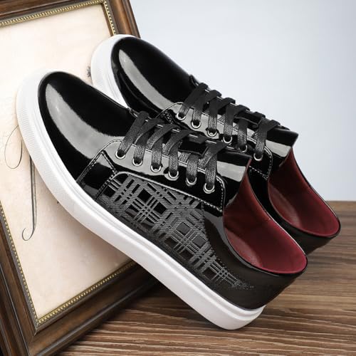 Santimon Men's Patent Leather Sneakers Lace-Up Geometric Design Flat Casual Shoes4