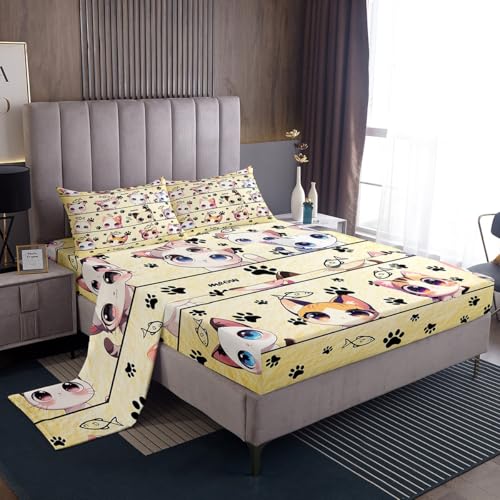 Cartoon Cat Fitted Sheet Set Full Size 4 Pcs,Kawaii Animals Cartoon Yellow Teens Sheets,Cute Kitten Kitty Cat Bedding Sets (1 Fitted,1 Flat,2 Pillowcases)