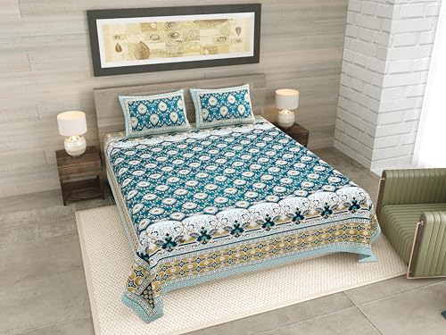 Image of RajasthaniKart Pure Cotton 180 TC King Size BEDSHEET with 2 Pillow Cover - 90X108 (Suitable for King Size Bed Sheet or Double Bed, Teal) PSP 141