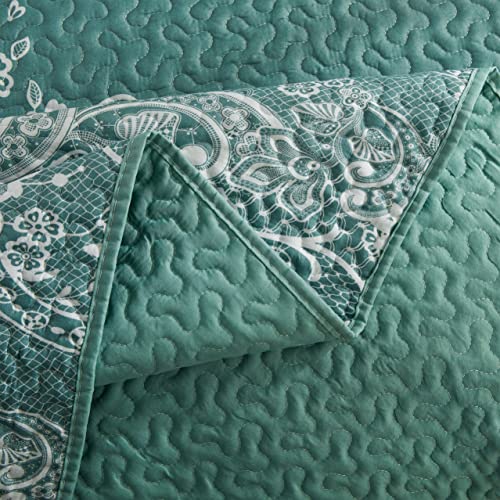 3 Piece Quilt Set Spring Lace Pattern Soft Microfiber Lightweight Coverlet Bedspread Summer Comforter Set Bed Cover Blanket for All Season (Blue, Queen)