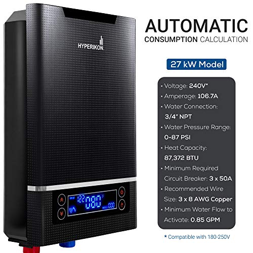 Hyperikon Tankless Water Heater Electric 27kw, 180-250V Compatible, 106.7 Amps, 0-87 PSI, ETL Listed, NFS Approved with Integrated Temperature Sensor, Residential, Indoor