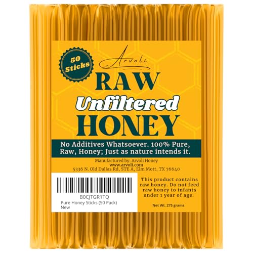 Raw Honey Sticks - Honey Sticks For Tea - Honey Straws - One Teaspoon of Pure Raw Honey Per Stick - (50 Pack) Each Stick is Gluten Free, Fat Free, and has no Preservatives