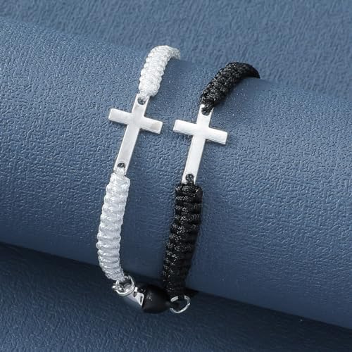 Image of CJIAYUJEW Matching Bracelets for Couples Handmade Braided Love Cross Bracelet Adjustable Heart Matching Attraction Couples Bracelet for Him and Her Bff Friendship Gift