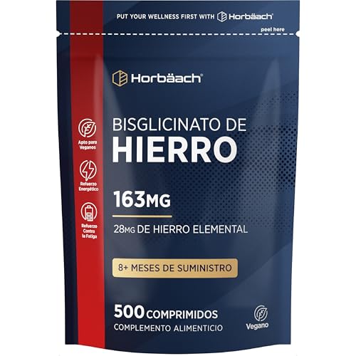 Hierro Suplemento 163mg | 500 pastillas veganas | Iron Bisglycinate | de Alta Absorción | Sistema Inmune, Hemoglobina y Soporte energético | Horbaach