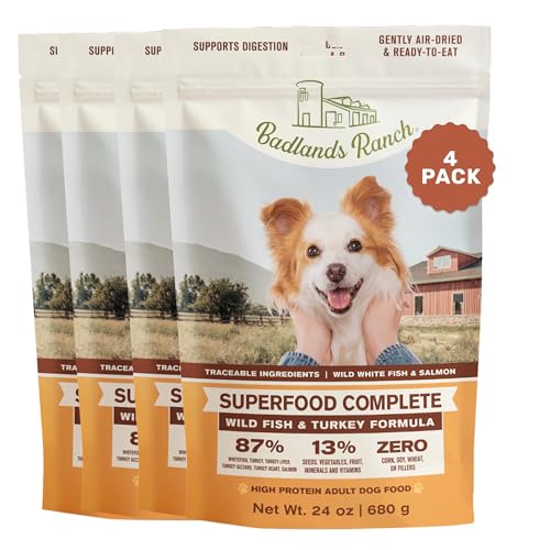 Image of BADLANDS RANCH Air-Dried Fish & Turkey Dog Food, 87% Meat, 24 oz, 4-Pack | Includes organs & salmon; kibble topper or alternative; adult & senior dogs; no corn, wheat, soy or fillers