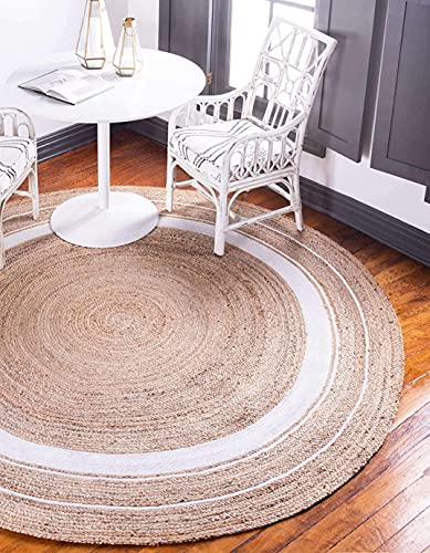 Image of Jute Braided Natural Hand Woven & Reversible Rug for Living Room Kitchen Entryway, Farmhouse Rustic Burlap Carpet Floor Mat (Whitejute, 150cm)