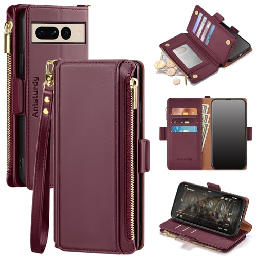 Antsturdy Google Pixel 7 Pro case Wallet with Card Holder for Women Men,Google Pixel 7 Pro Phone case RFID Blocking PU Leather Flip Shockproof Cover with Strap Zipper Credit Card Slots,Wine Red