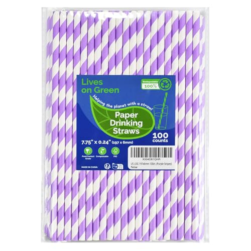 Lives on Green Cannucce di carta usa e getta a righe viola 100 pezzi 19,7 x 0,6 cm, non confezionate, per cocktail, caffè, acqua