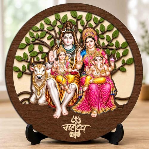 Image of Shiv Parivar Wooden Murti for Home Mandir, Prayer Room, Table Top Decor & Spiritual Gifting - 5x5 Inch