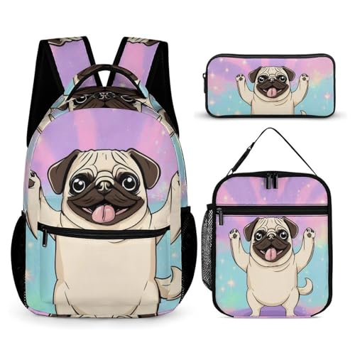Backpack Bookbag Set Tie Dye Cute Pug Backpack with Lunch Bags and Makeup Bag Shoulder Bag with Lunch Box Storage Bags