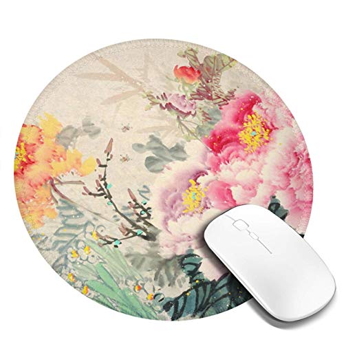 DADABULIU マウスパッド 円形 小形 水墨画 唐絵 牡丹 上品 咲く ゲーミング ゴム底 光学マウス対応 滑り止め 耐久性が良い おしゃれ かわいい 防水 サイバーカフェ オフィス最適 適度な表面摩擦 直径:20cm