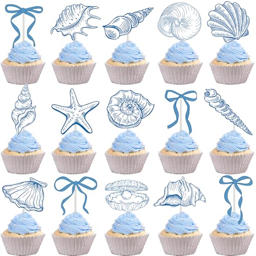 Starfish and Seashell Bow Cupcake Toppers 24PCS Ocean Coastal Nautical Party Cake Decorations Blue Beach Conch Seashell Bow Cupcake Picks for Under The Sea Wedding Mermaid Birthday Party Supplies