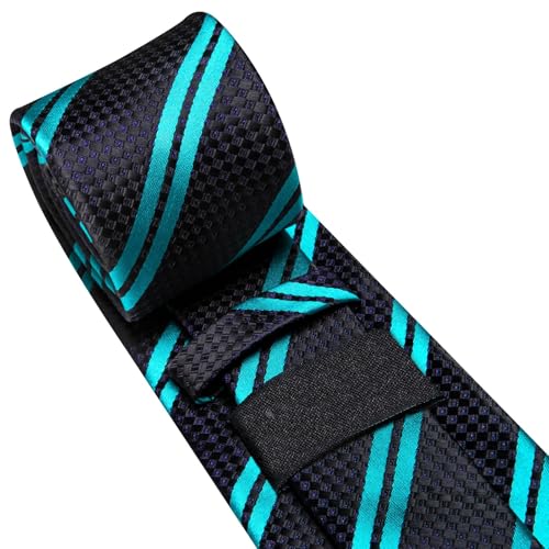 Image of Dubulle Mens Paisley Black Teal Striped Tie and Handkerchief Cufflinks Tie Set for Men Wedding Business Formal