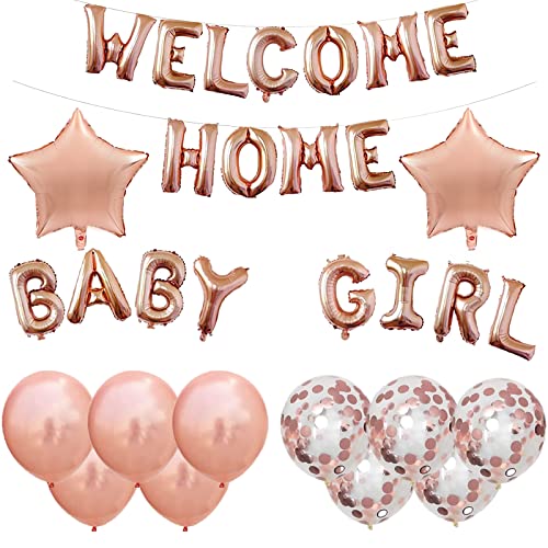 UYDF Décorations de Fête Prénatale Filles “WELCOME HOME BABY GIRL” Hélium Lettres Ballons en Feuille d'Étoile Bannière Ballons Latex Paillettes en Or Rose Bienvenue à la Maison pour Fille de Naissance