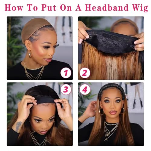 Image of Celiarita Ombre Headband Wig Human Hair Straight 24 inch None Lace Front Wig P2 /30 Highlights Blonde Straight Headband Half Wigs for Black Women Human Hair