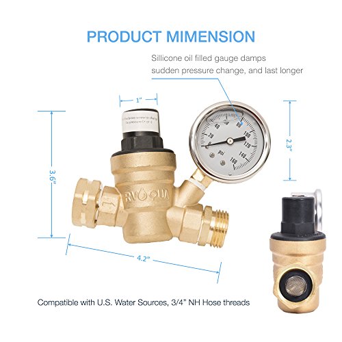 RVAQUA M11-45PSI Adjustable Water Pressure Regulator for RV Camper - Essential RV Accessories with 160 PSI Gauge, Inlet Stainless Screened Filter - Lead-Free Brass RV Water Pressure Reducer