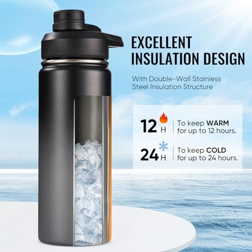 Image of Fijinhom Insulated Water Bottle with Handle, 304 Stainless Steel Water Bottles with Wide Mouth, Double Wall Vacuum Sports Water Bottle, BPA Free, Keep Cold and Hot, 18 Ounces, Black /Gray