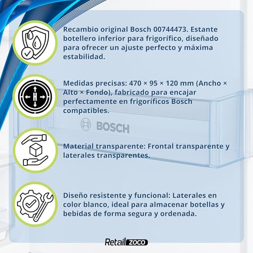 Estante Botellero Frigorífico compatible con Bosch, Botellero inferior para la nevera, código original 00744473, 11023872 compatible con 00705901, Sin Logo, Dimensiones 442 mm x 124,9 mm x 100 mm - Imagen 4