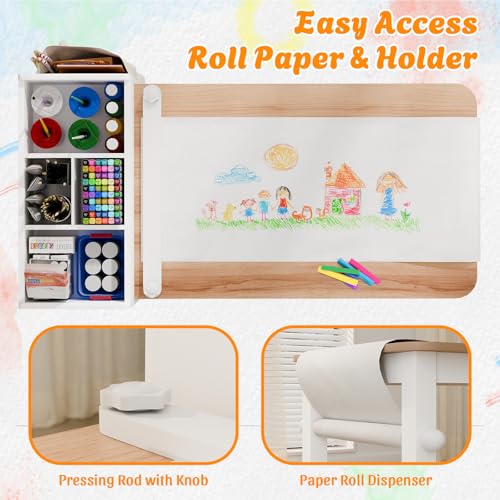 Image of IKALIFE Kids Art Table and Chair - Toddler Craft Table and Chairs Set with 2 Chair & Bins, Large Storage Kids Activity Desk with Paper Roll for Playrooms & Classroom, 40 inch L x 20 inch W, Natural